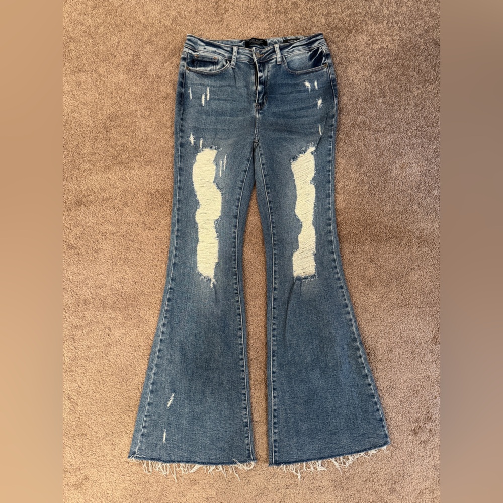 Judy Blue Distressed Flare Jeans - Blue
